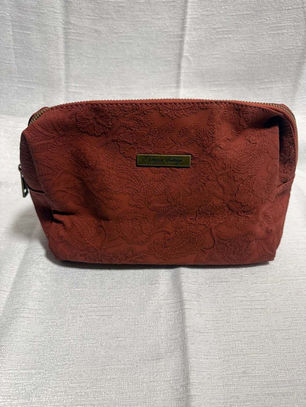 Revive Vintage Terracotta Red Floral Embossed Cosmetic Pouch Toiletry Bag